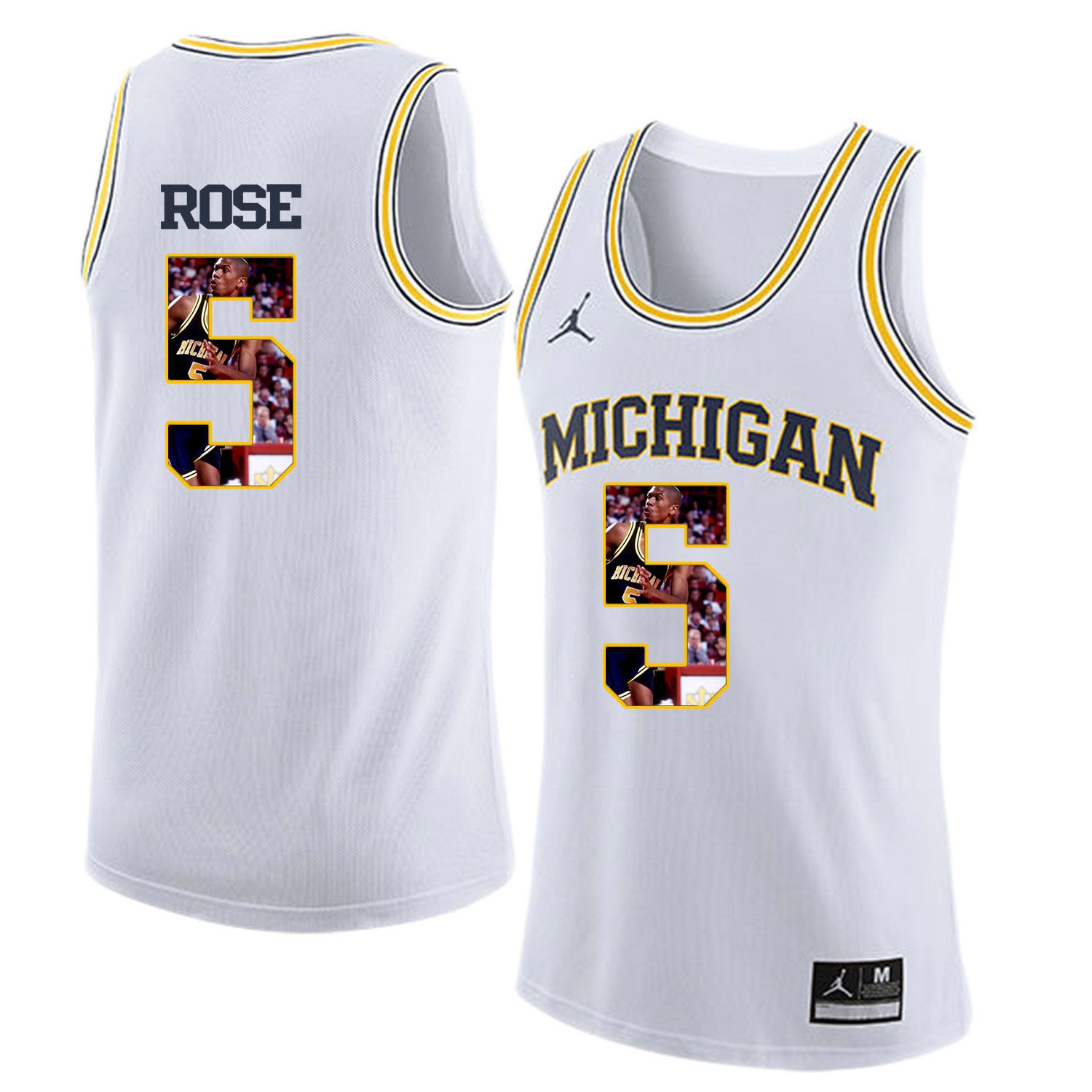 Men Jordan University of Michigan Basketball White 5 Rose Fashion Edition Customized NCAA Jerseys